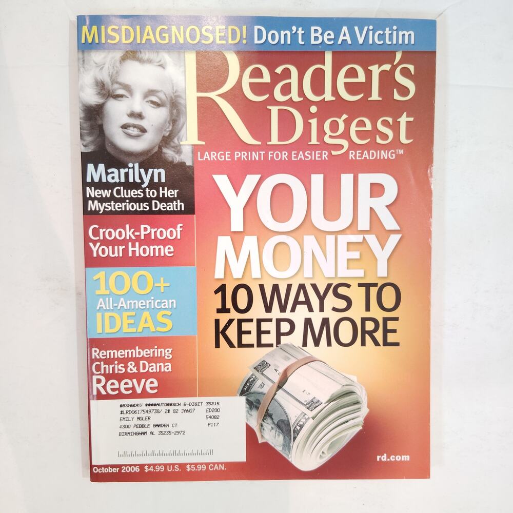 Reader's Digest October 2006 Marilyn Monroe Large Print Magazine Back Issue
